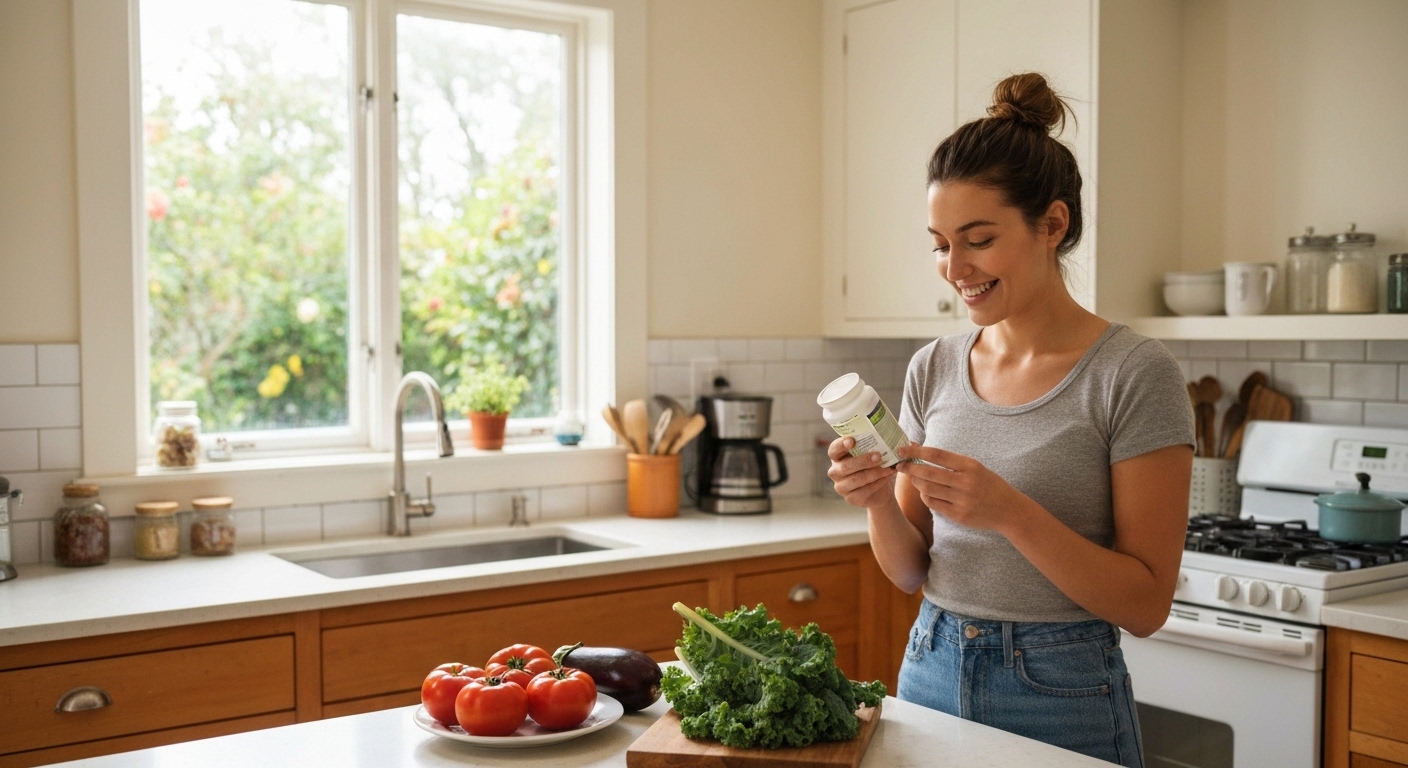 Woman reading supplement label in bright kitchen with fresh produce