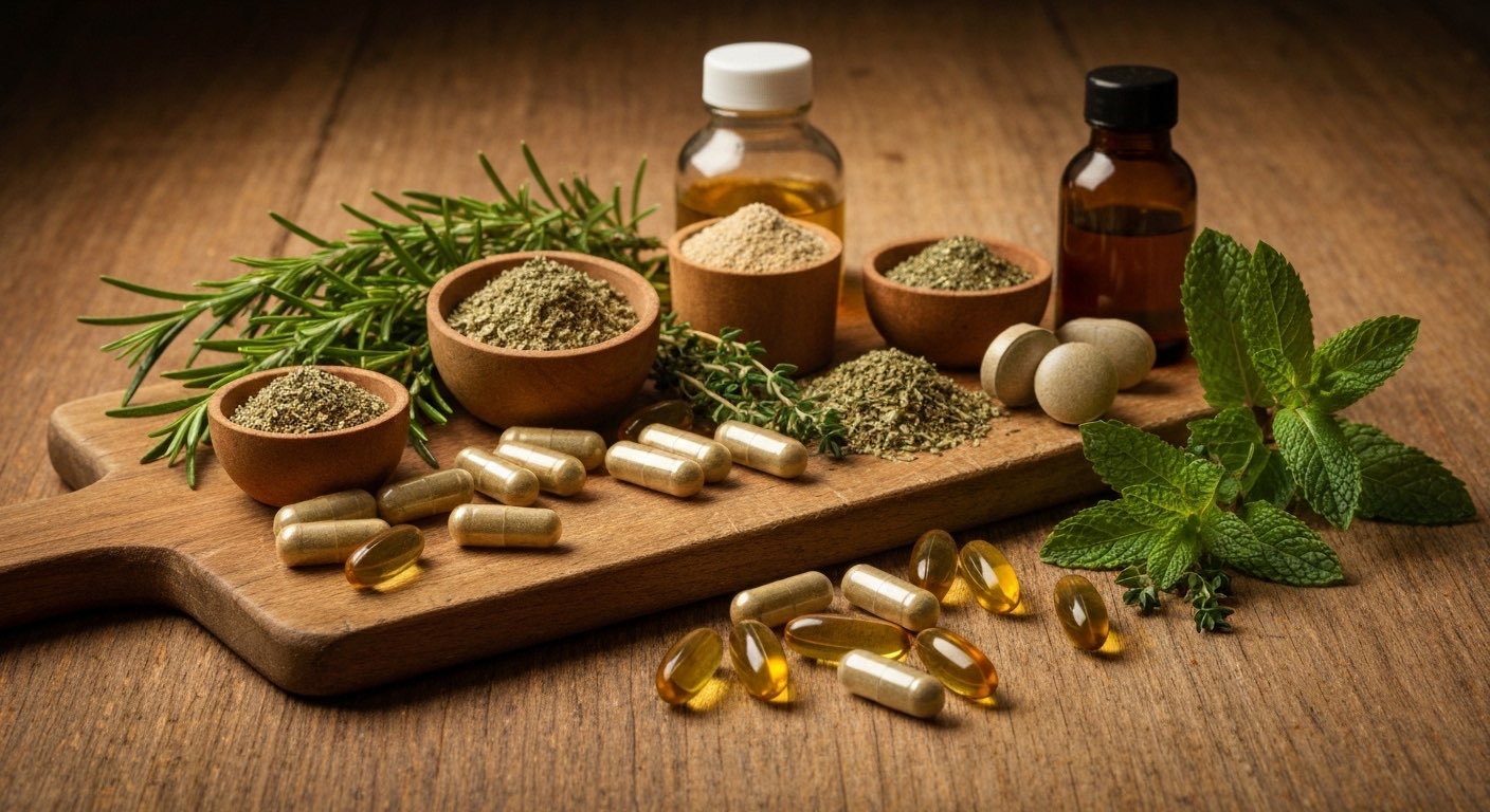 Herbal supplements and natural remedies arranged on wooden board