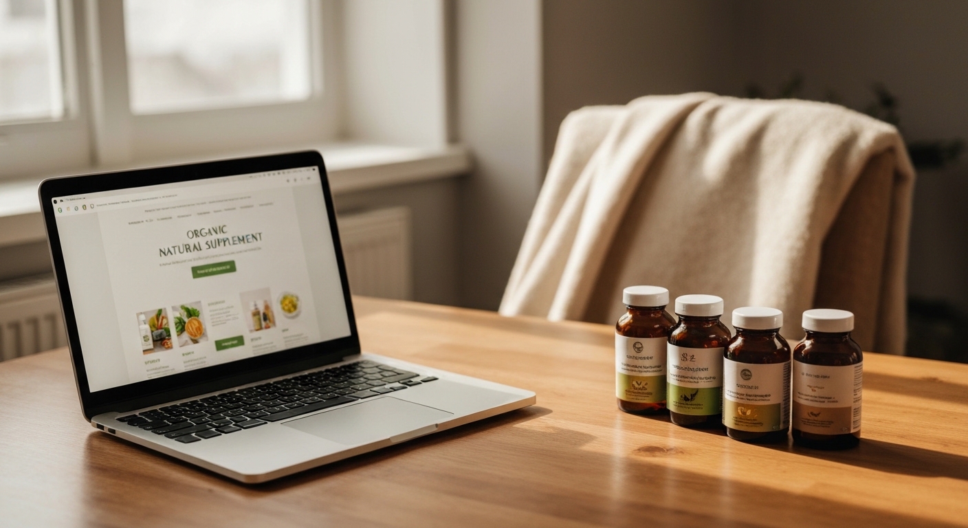 Online shopping for natural supplements on laptop at home desk
