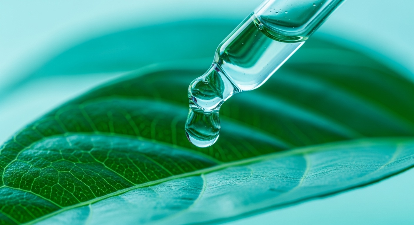 Glass dropper releasing serum onto a green leaf — acetyl tetrapeptide-5 explained