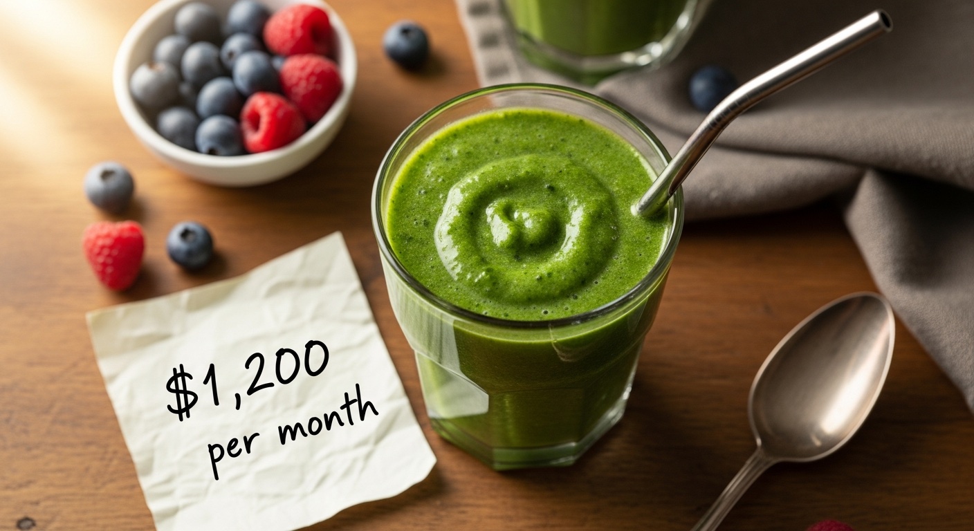 Green smoothie and a $1,200/month note on a homestead kitchen counter — natural alternatives to Ozempic