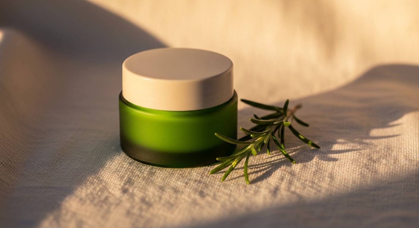 Vegan peptide eye cream jar on linen — Leaf & Bird vegan eye cream review