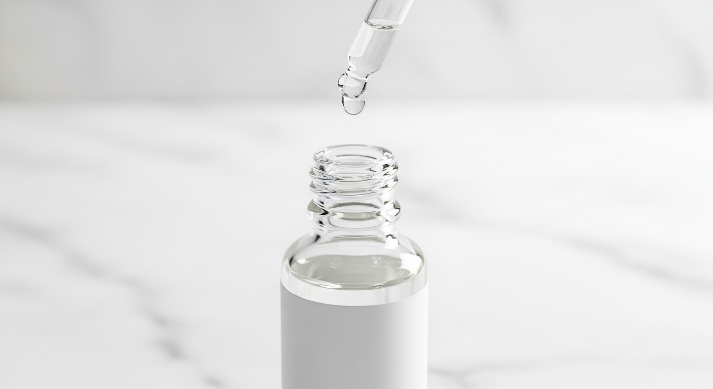 Clear glass PDRN serum bottle on white marble — what is PDRN