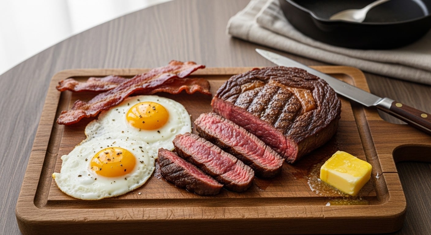Sliced grass-fed ribeye steak with fried eggs, bacon, and butter on a wooden cutting board, a typical carnivore diet meal
