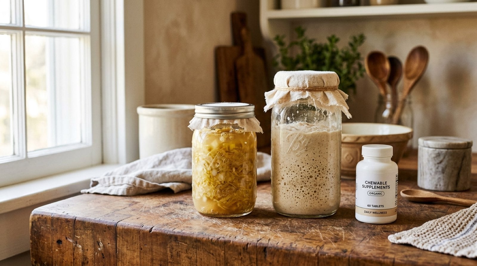 Oral probiotic chewables next to sauerkraut and sourdough starter on a homestead kitchen counter